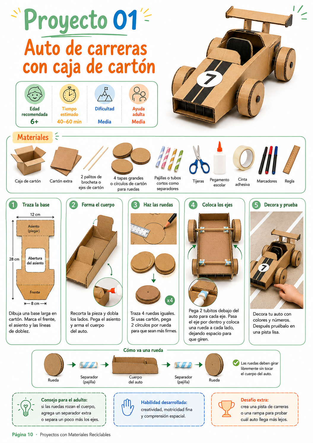 Proyecto reciclable 1: auto de carreras con caja de cartón