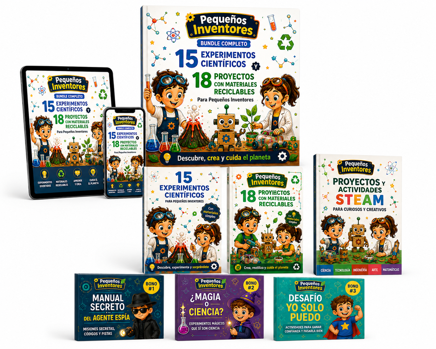 Kit Pequeños Inventores completo con libros digitales, dispositivos y tres bonos